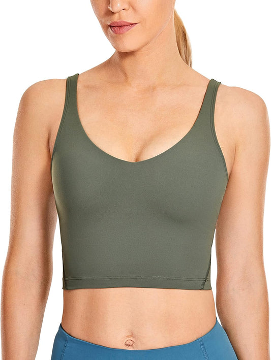 Womens V Neck Workout Tank Tops with Built in Bras - Cropped Padded Athletic Longline Sports Bra