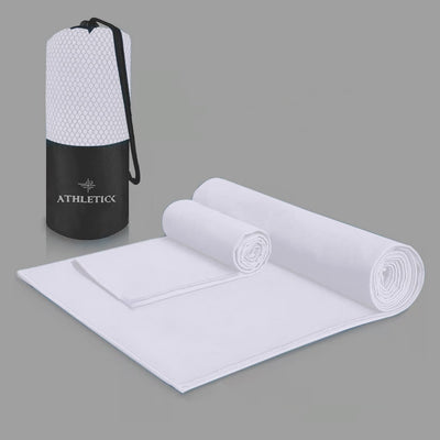 2 Pack Microfibre Towel Set for Gym, Yoga, Sports,Camping & Travel-400Gsm Quick Dry, Soft Hand Towels-Lightweight for Beach,Bath,Hiking,Hair & Kitchen-Super Absorbent with Bag (White)